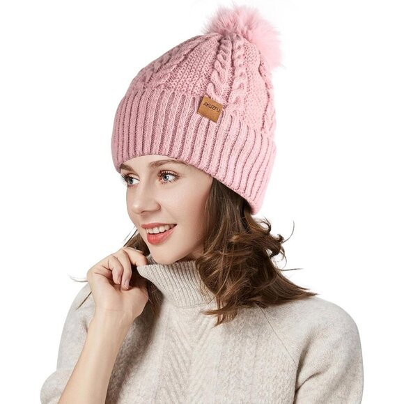 Women\'s Fleece Wool Lined Gray Beanie Winter Warm Snow Knit Cross Pom Hat Cap main image 6